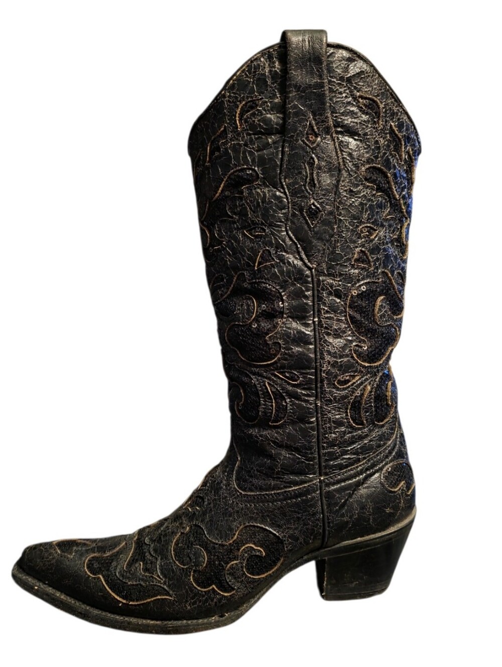 Corral Black Leather Sequin Inlay Floral Embroidered Snip Toe Cowboy Boots 8.5M